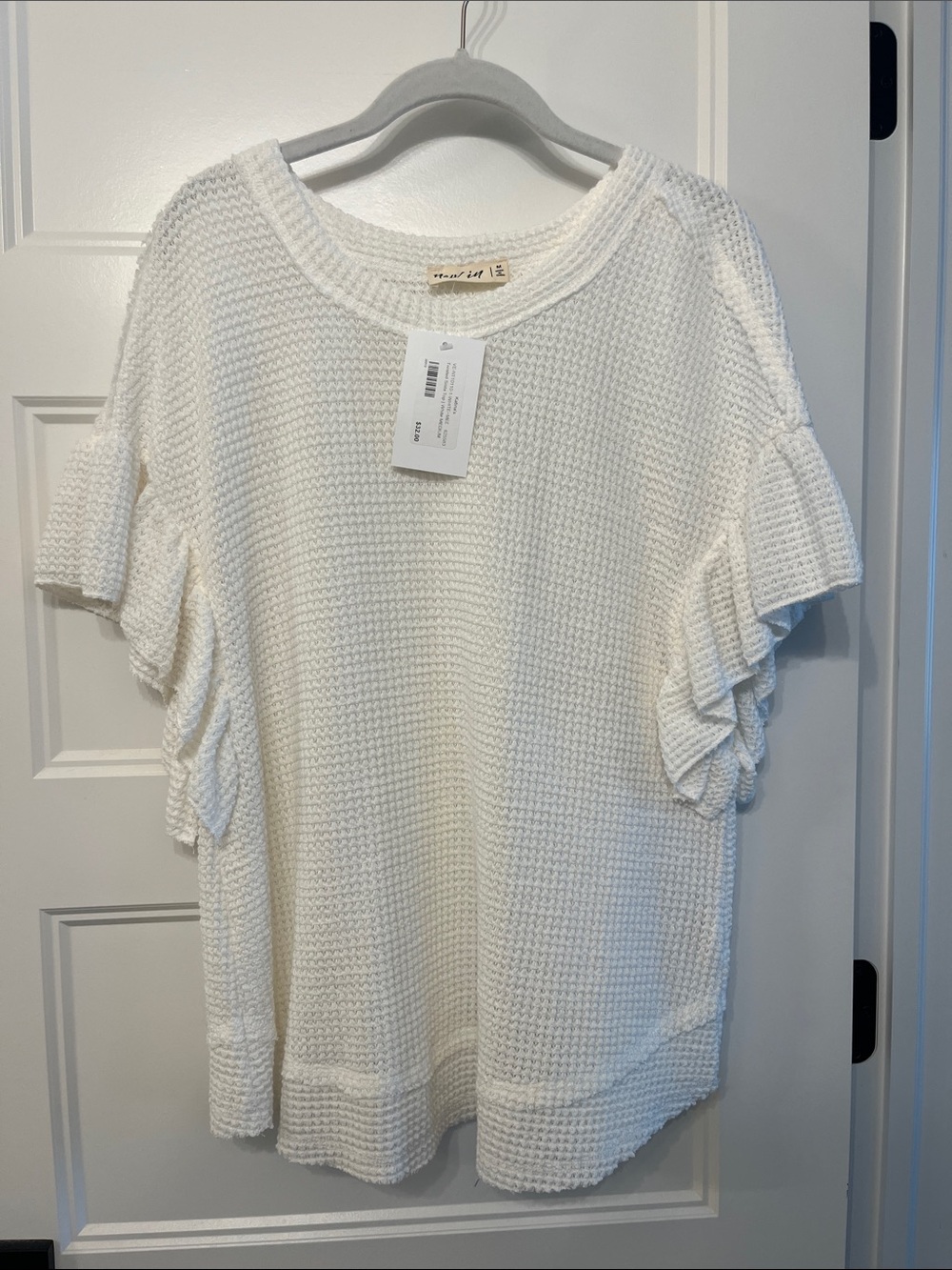 New In White Waffle Knit Short Sleeve Top with Ruffle Sleeves